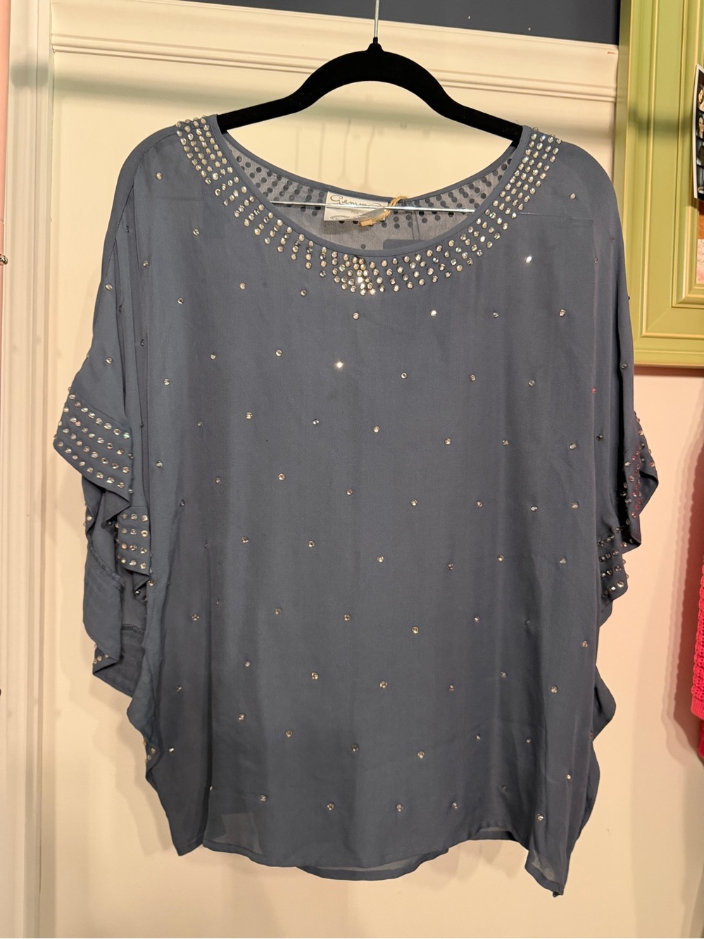 Gemma for Scoop NYC Vintage 100% Silk Beaded Slate Grey Women’s Flutter Top